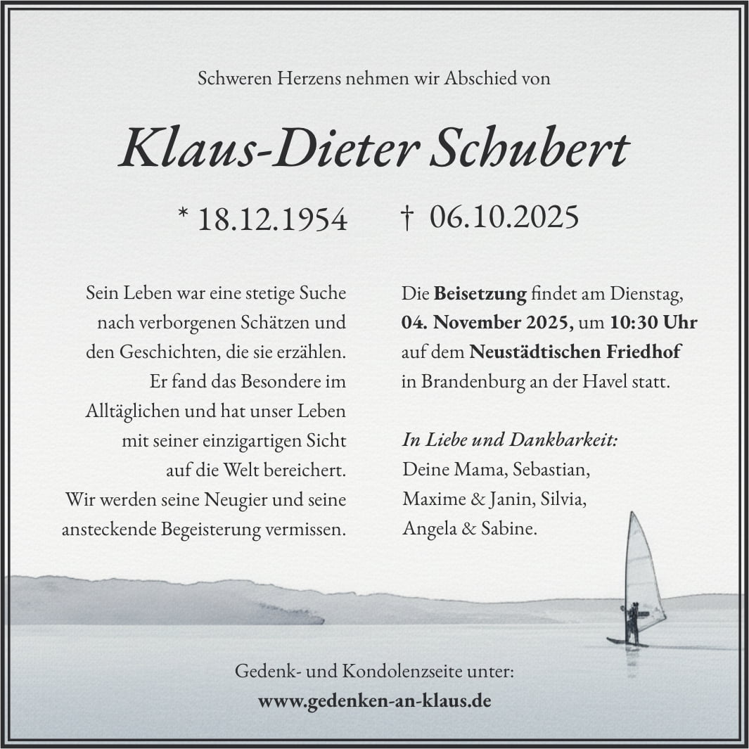 Todesanzeige für Klaus-Dieter Schubert - Zum Vergrößern klicken